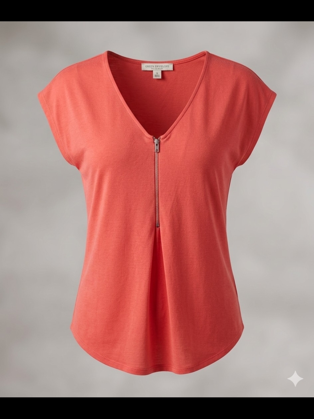 Green Envelope Coral Zip V-Neck Cap-Sleeve Top